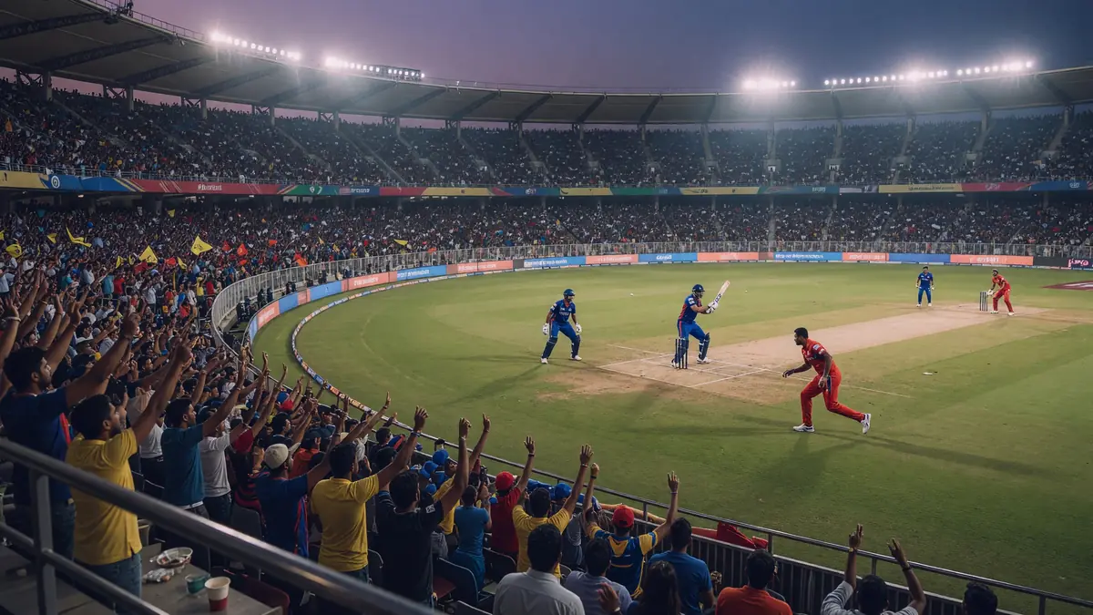 Wide evening view of a packed IPL stadium under floodlights ahead of Delhi Capitals vs Gujarat Titans.