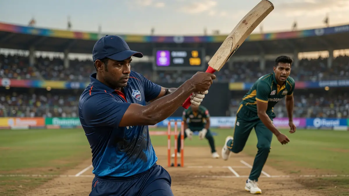 A batter in blue follows through on a front-foot drive during a night match, with the bowler blurred in the foreground.