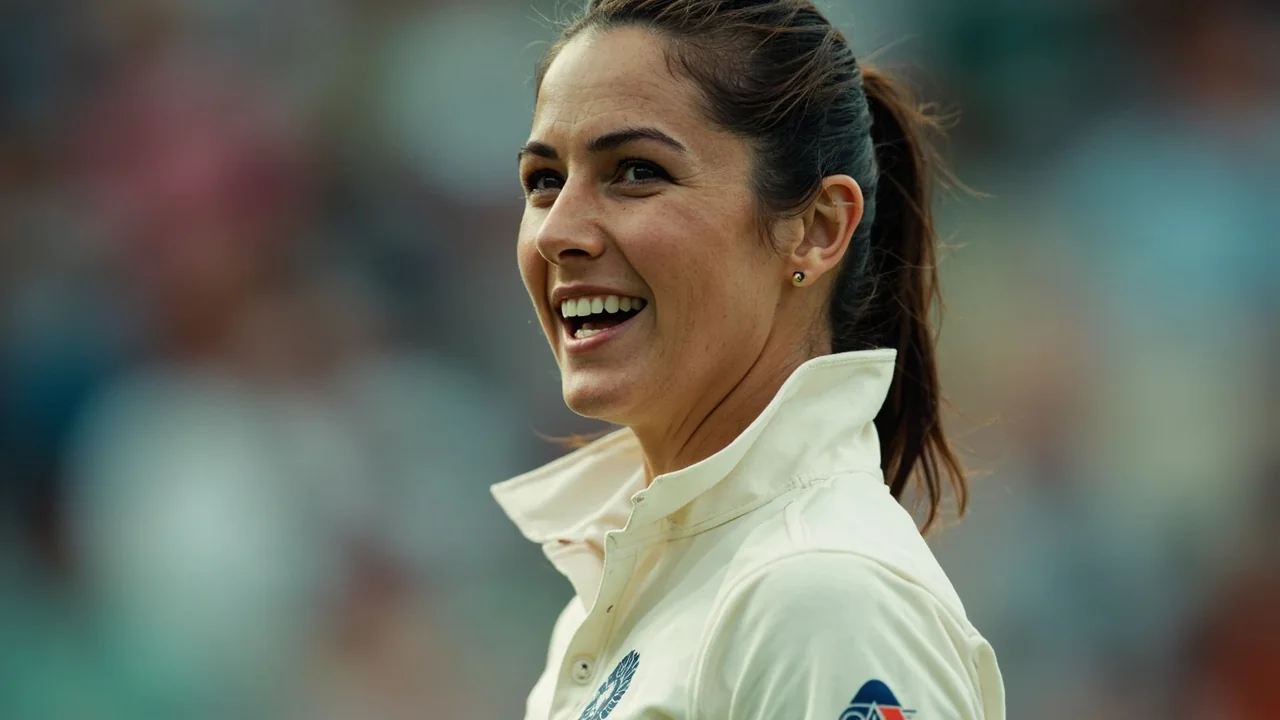 An India fast bowler follows through at the end of her run-up during the morning session at Lord's, captured from the press box side of the ground.