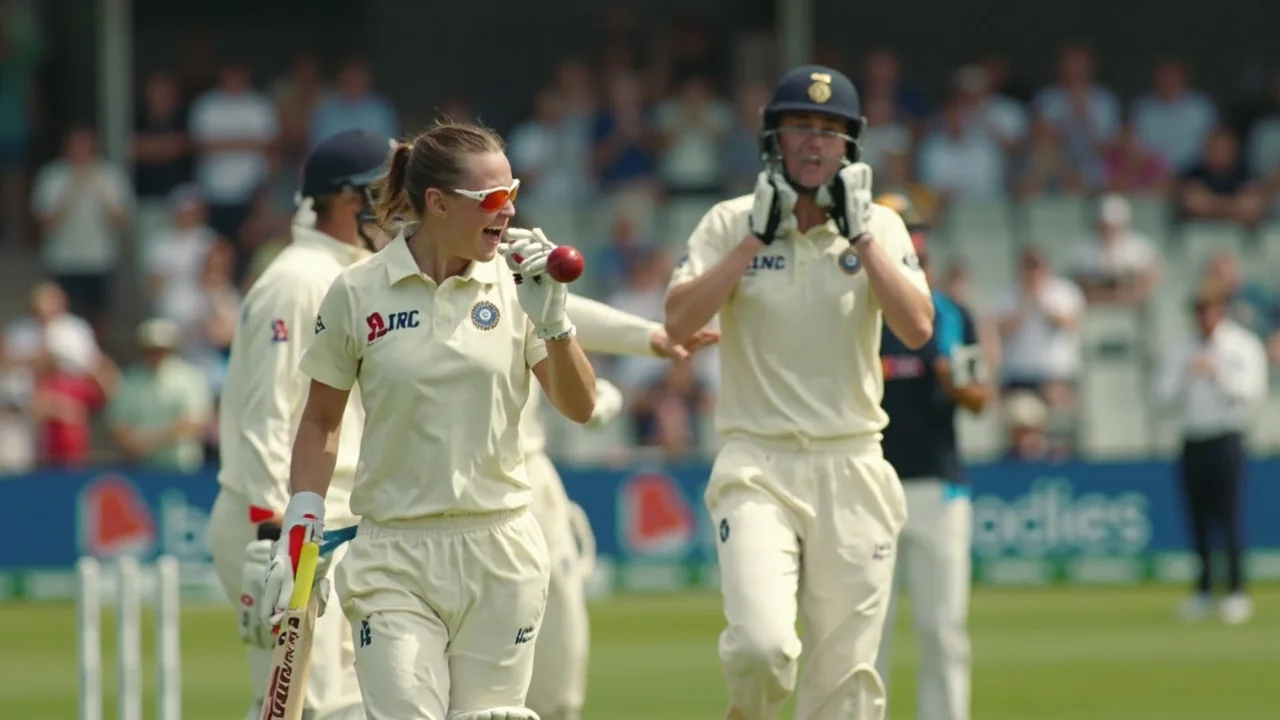 A captain gathers her fielders in a tight ring near the pitch during a break in play at Lord's, with the slips set and the batter walking back to her mark.