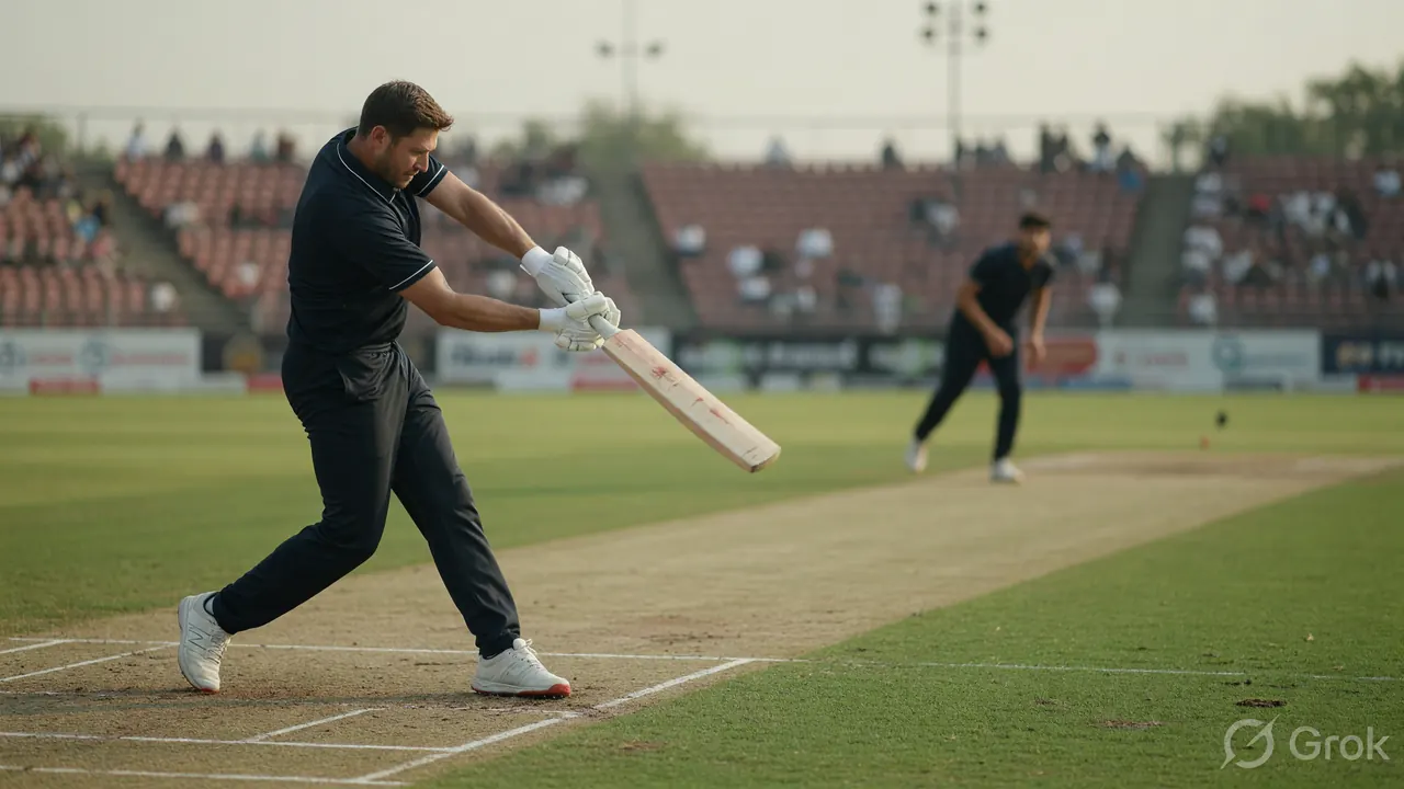 A batter completes a front-foot drive under afternoon light while a bowler blurs in the background.
