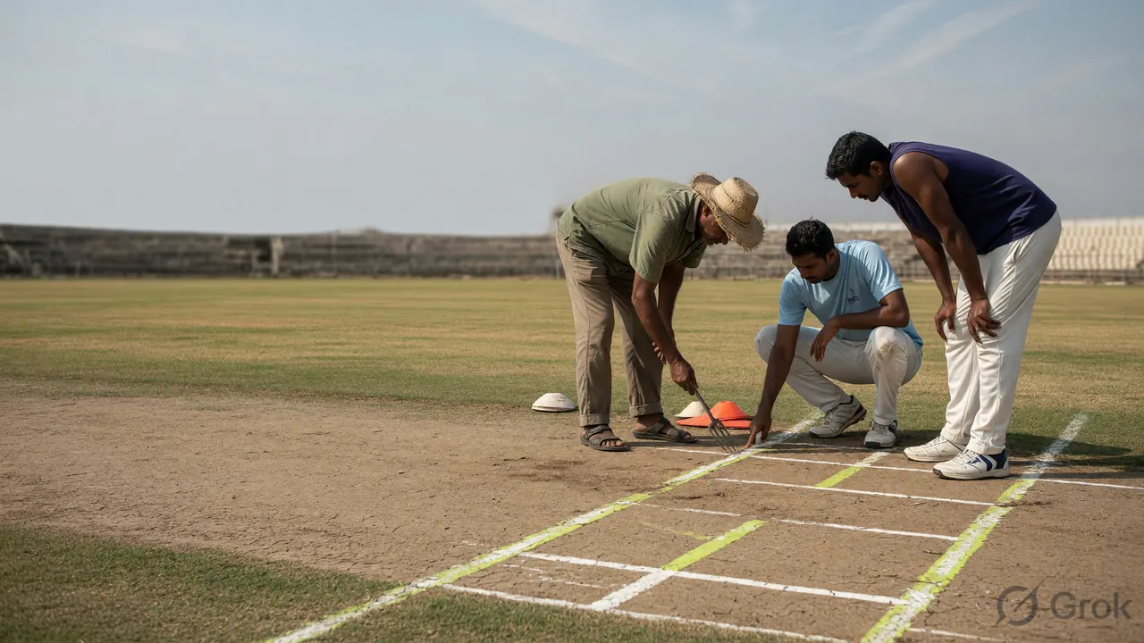Afternoon view across a dry cricket pitch and outfield at Eden Gardens during a match-day pause.