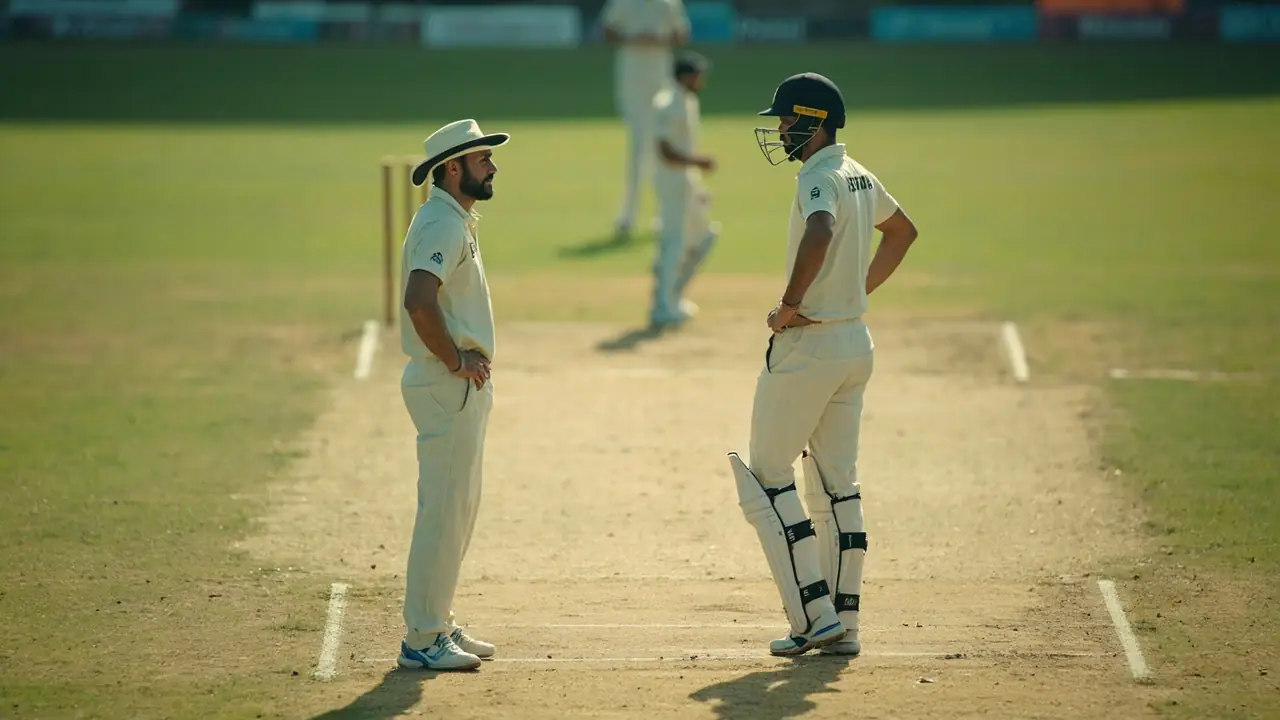 A captain and spinner confer beside a worn pitch strip while distant fielders wait on the grass.