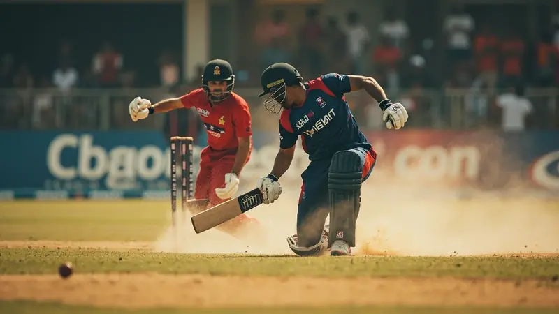 A Nepal batter plays through the leg side in front of the pavilion during an ICC CWC League 2 ODI in the Netherlands.