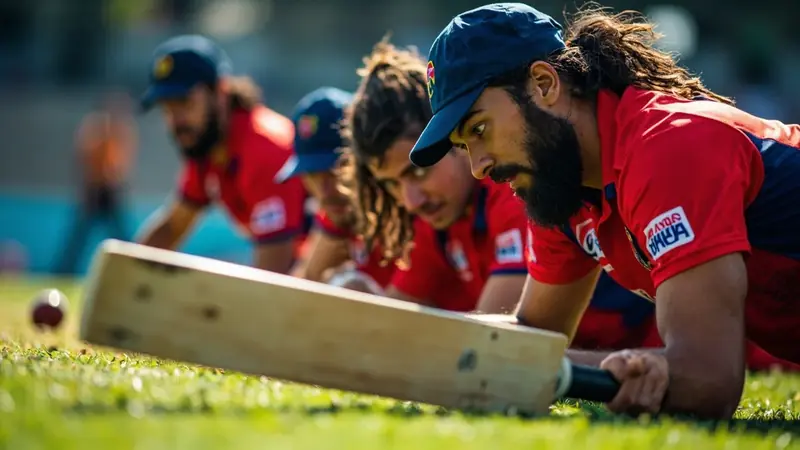 A captain gathers bowlers in a tight huddle near the pitch during a League 2 ODI in the Netherlands, set against the boundary rope and a quiet section of the stands.